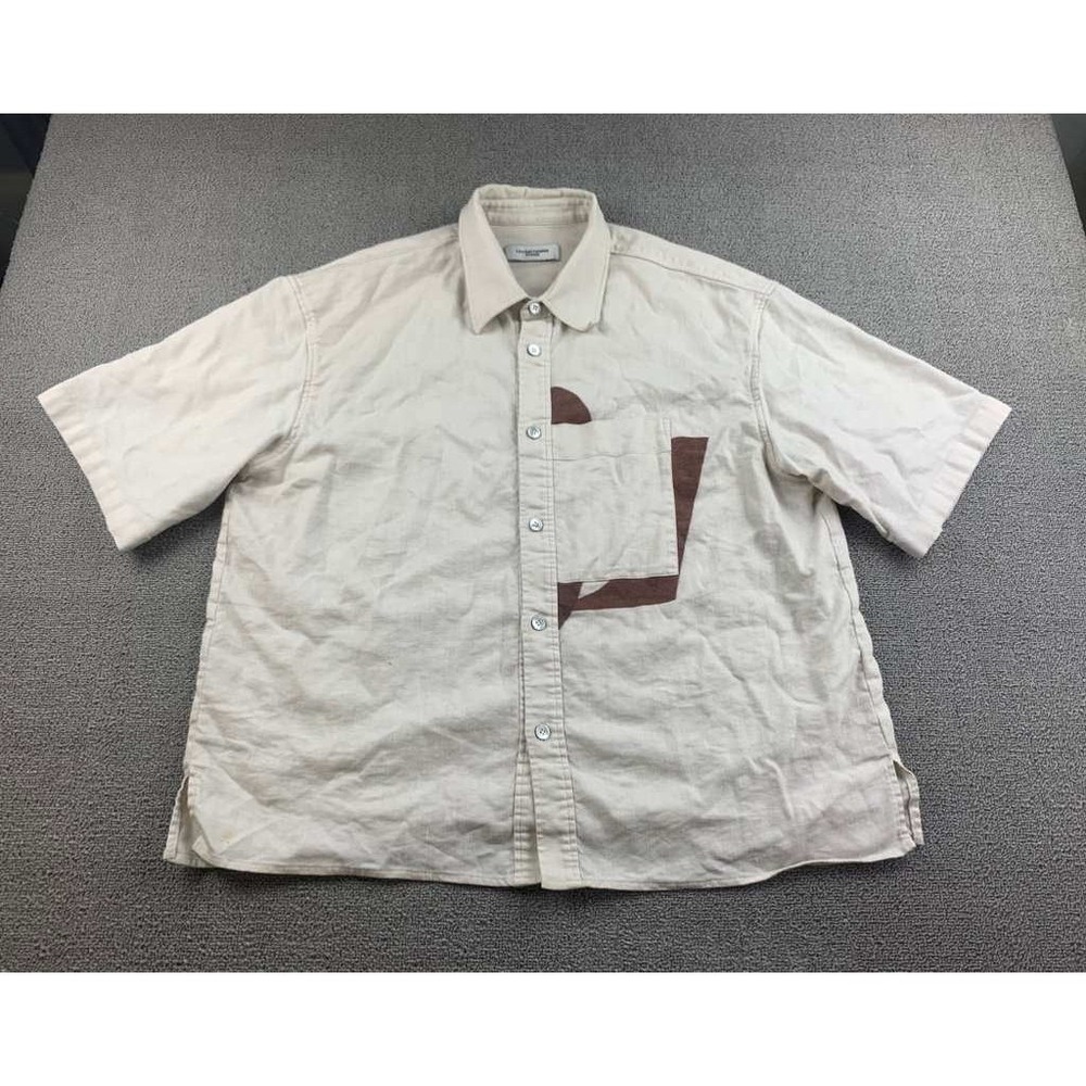 LE17SEPTEMBRE Shirt Men 50 Ivory‎ Brown Linen Wool Blend Short Sleeve Pocket
